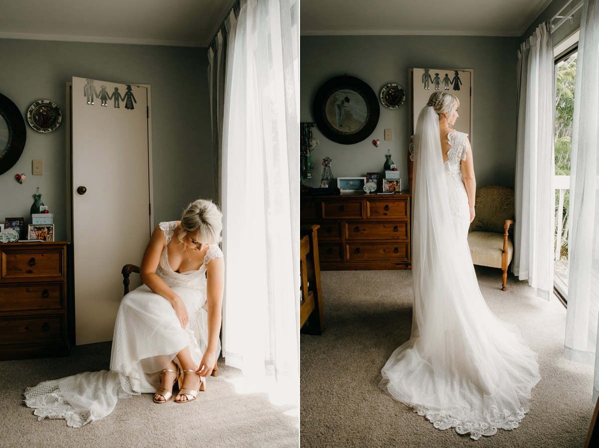 Bride getting into dress Auckland wedding photo by Sarah Weber Photography