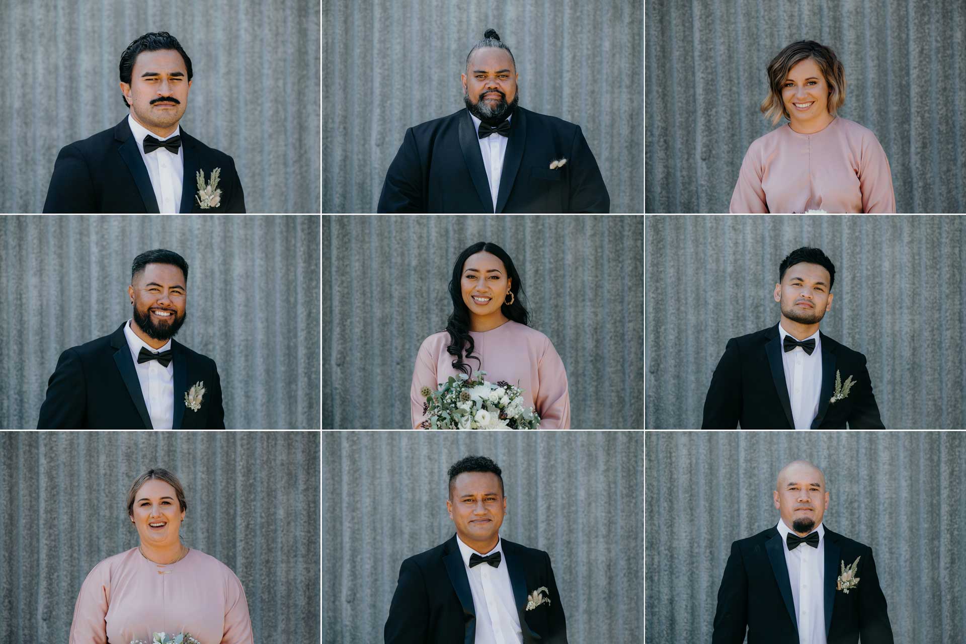 bridal party portrait photos against shed in kumeu auckland photos by sarah weber photography